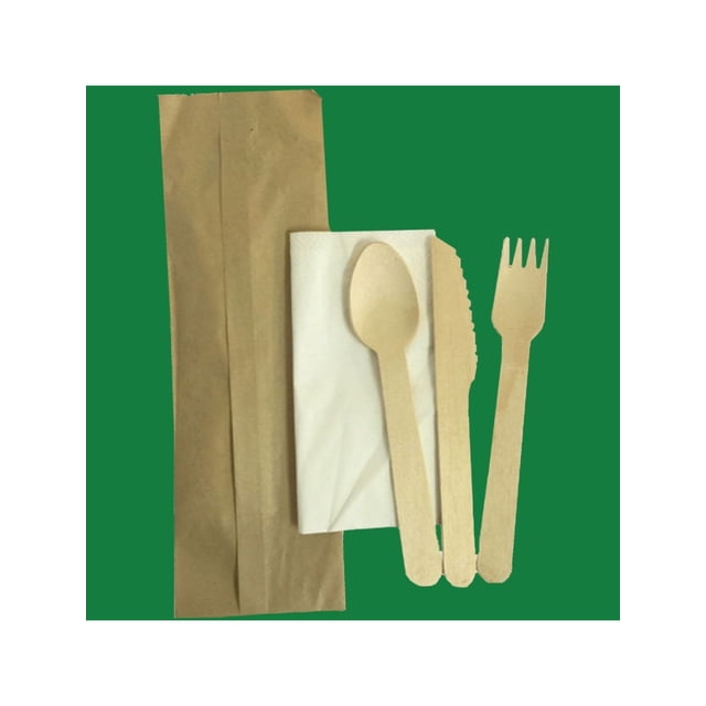 6.25'' Wooden Cutlery Kit (Fork,Knife,Spoon & Napkin) (100% Compostable & Recyclable) 250 unit /Pack