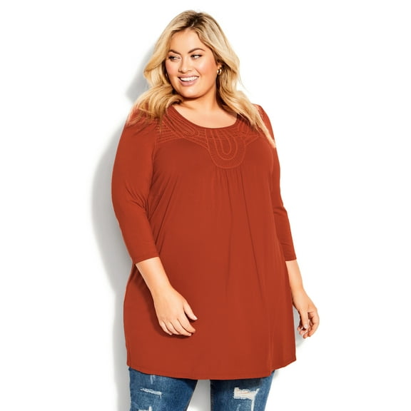 Avenue Women's Plus Size Jordan Plain 3/4 Sleeves Relaxed Tunic Top - Copper