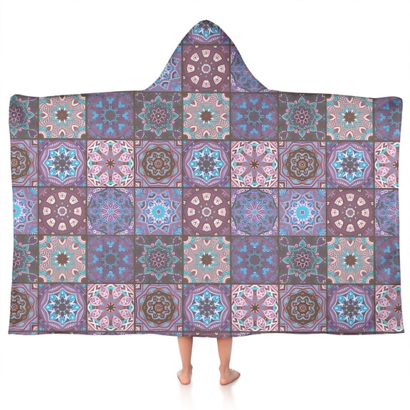 Purple Ethnic Geometric Patchwork Pattern Hooded Bath Towel,50"x30" for Ages 3 To 12 Kids, Quick Dry Lightweight Soft Microfiber Hood Beach Towel Cover Up for Kids