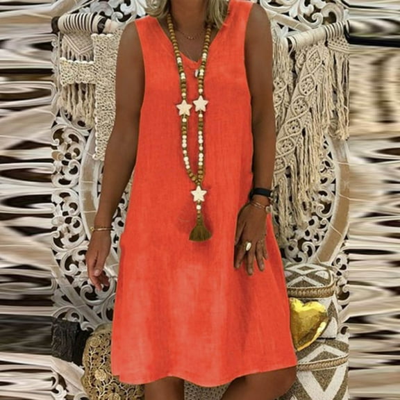 Aboser Womens Casual Sleeveless Dresses Cotton Linen Midi Dress Solid Loose Fit Sun Dresses Plus Size V Neck Beach Dress Lightweight Plain Tank Dresses