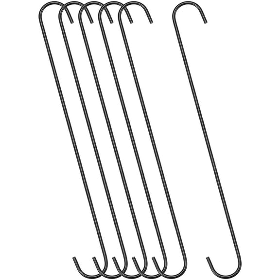 S Hanging Hooks, 16inch/400mm Extra Long Steel Hanger, Indoor Outdoor Uses for Garden, Bathroom, Closet, Workshop, Kitchen, Black, 6Pcs