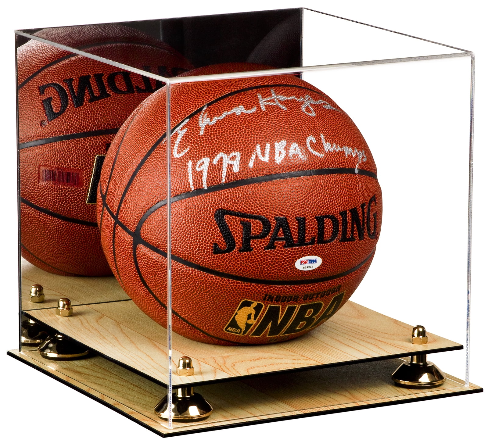 Deluxe Acrylic Full Size Basketball Display Case with Mirror, Gold Risers and Wood Floor (A001