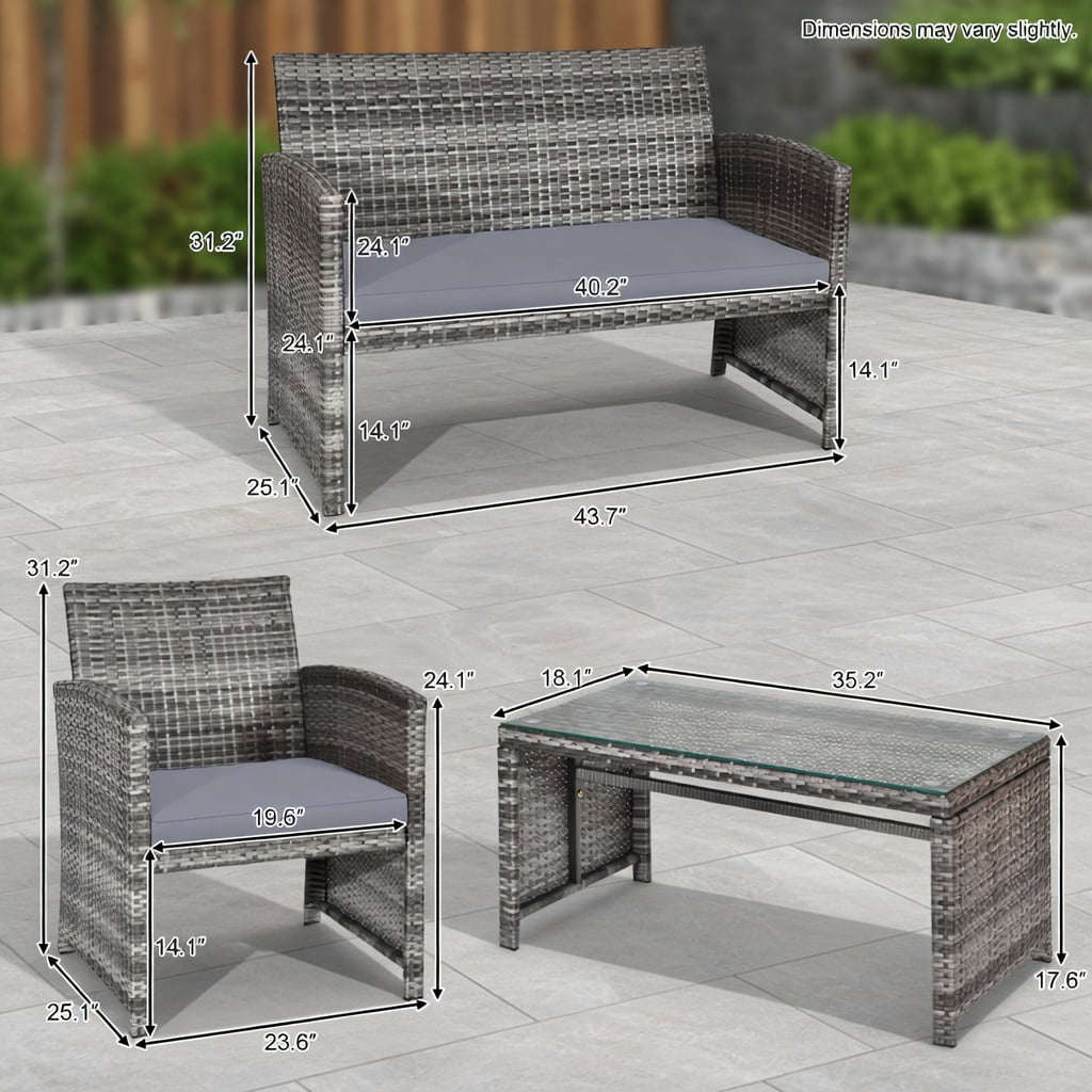 Hommoo 4-Piece Outdoor Rattan Patio Furniture Set, PE Wicker Loveseat, 2 Single Chairs & Tempered Glass Coffee Table for Backyard, Balcony, Garden, Gray