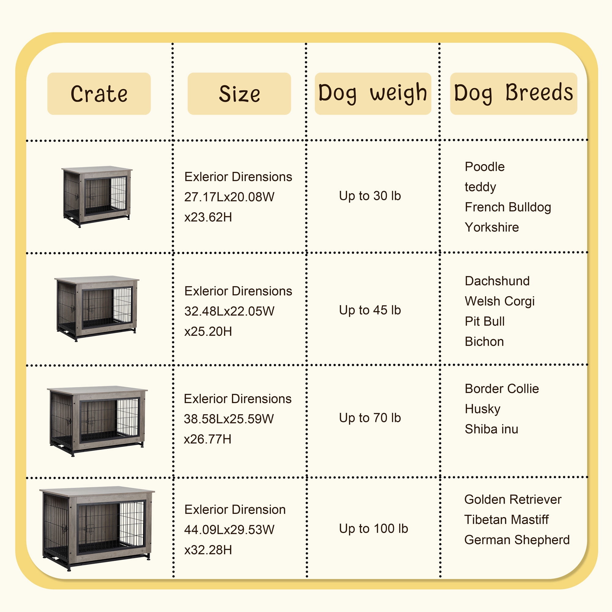 Walsunny Wooden Dog Crate Furniture,Double-Doors Kennel Indoor with Divider and Removable Tray,End Table Dog Crate for Decoration 27.2"L x 20.1"W x 23.6"H，Grey