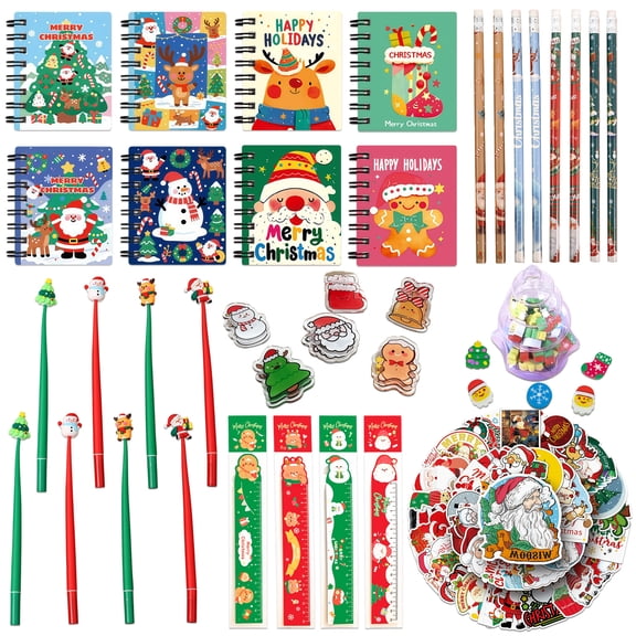 Christmas Party Favors, 74 Pcs Christmas Party Supplies Set, Including Christmas Stickers Pens Erasers Mini Dry Erase Boards for Christmas Classroom Party Favors