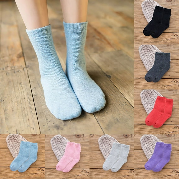 KLOY2K Autumn Winter Heavy Wool Socks for Men & Ladies - Solid Color Medium Tube Thick Warm Fluffy Towel Socks with Cozy Fleece-Lined Inside,Black,One Size
