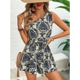 thumbnail image 5 of Women'S One Shoulder Leaf Print Tie-Up Short Skirt Sleeveless Layered Hem Formal Dress Casual Mini Jumpsuit  L, 5 of 8