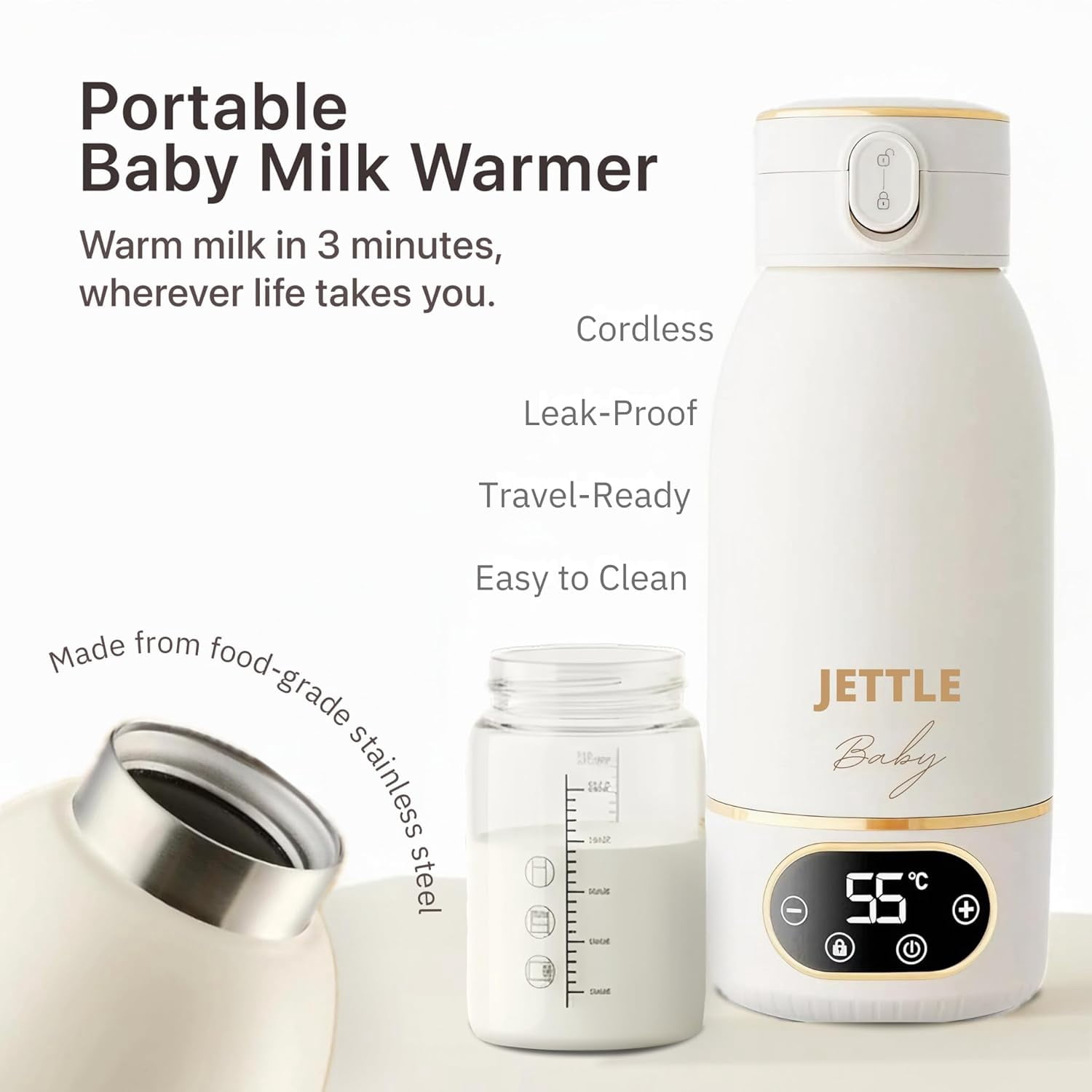 Portable Baby Bottle Warmer 500ml - Baby-Safe Travel - Cordless Rechargeable Formula & Breast Milk Warmer with LED Temperature Control