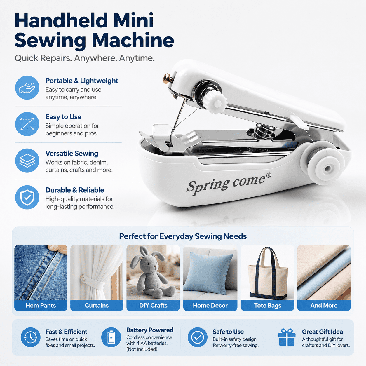 White Spring come Handheld Mini Sewing Machine, Portable Manual Pocket Stitch Tool, Compact Lightweight Sewing Device for Clothing Repair, Home DIY Crafts, Travel Emergency Fabric Mending