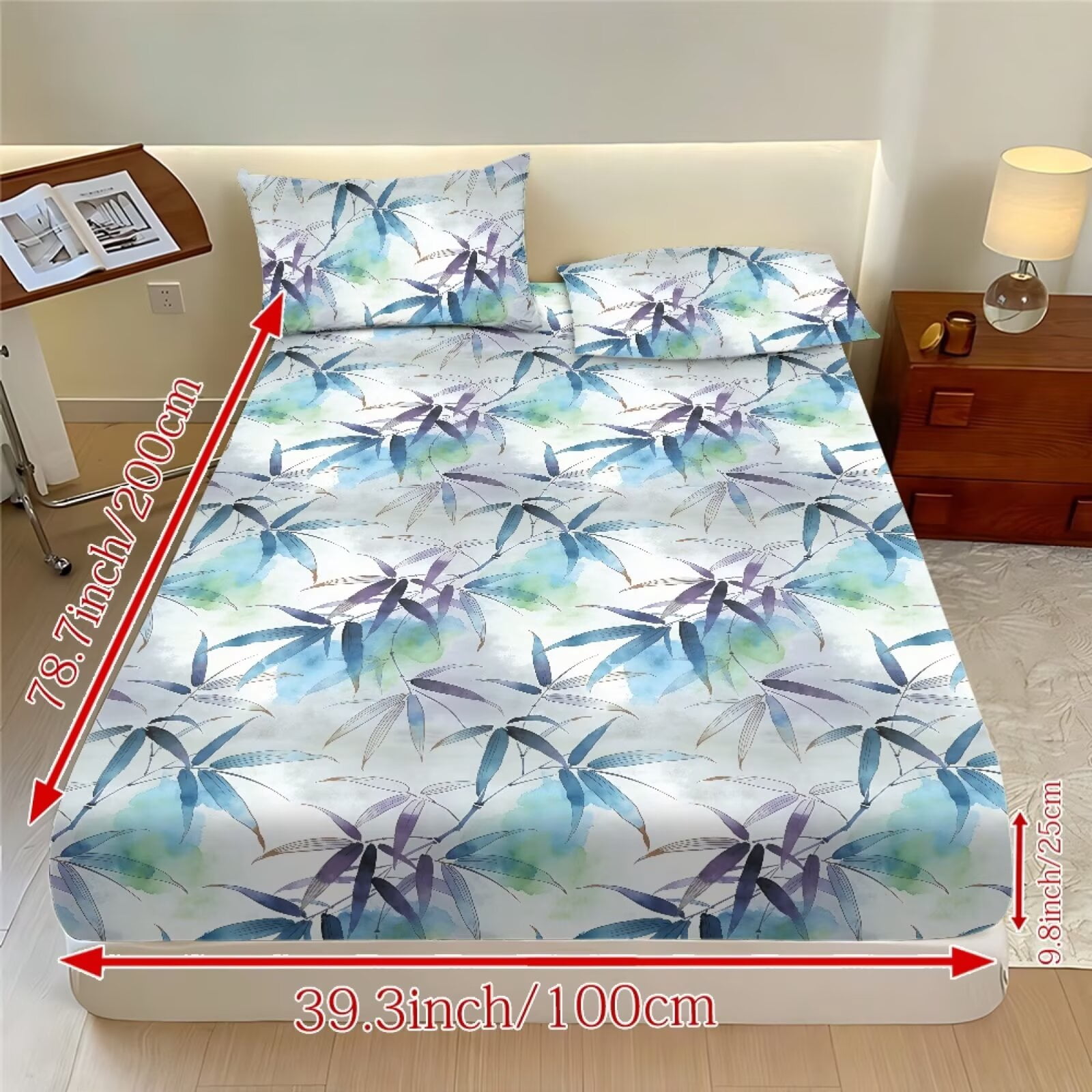 ZIATUBLES King Size Sheet Set, Breathable Durable Cooling Decor Bedding for Bedroom, 3 Pcs Bed Sheets Set - 1 Fitted Sheet, 2 Pillowcases (Oriental Bamboo Leaf Pattern)