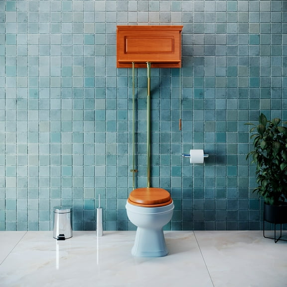 High Tank Pull Chain Toilet Light Mahogany Wood Elongated White Porcelain Bowl and Brass L Pipes Adjustable H 70"- 74" w/Hardware Renovator's Supply