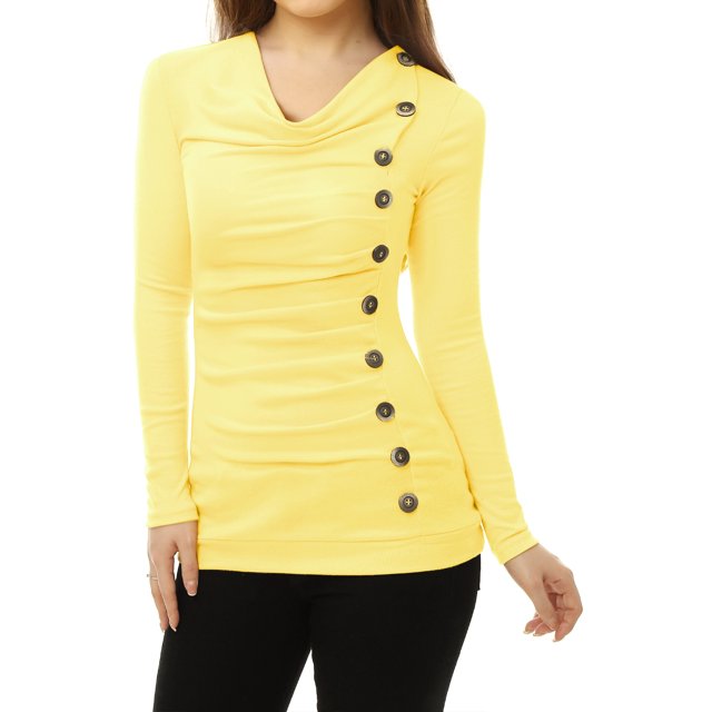 INSPIRAR CHIC Blusa de Manga Larga con Cuello de Cowl y Botones Decorativos, Frontal Fruncido, Ajuste Regular, Pullover Talla XS Amarillo Claro