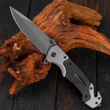 Gray Folding Pocket Knife with Non-Slip Handle Pocket Clip and Emergency Window Hammer Compact Outdoor Camping Tool for Hiking Fishing and Everyday