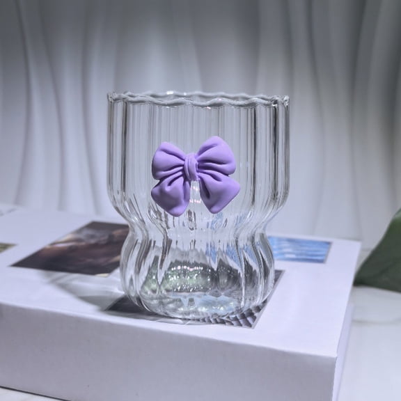 Purple Bow-knot Ribbed Drinking Glasses, 12oz Vintage Wavy Glass Cups for Coffee, , Juice, Water, Soda, Tea, Barware, Kitchenware, Party, Home Decor