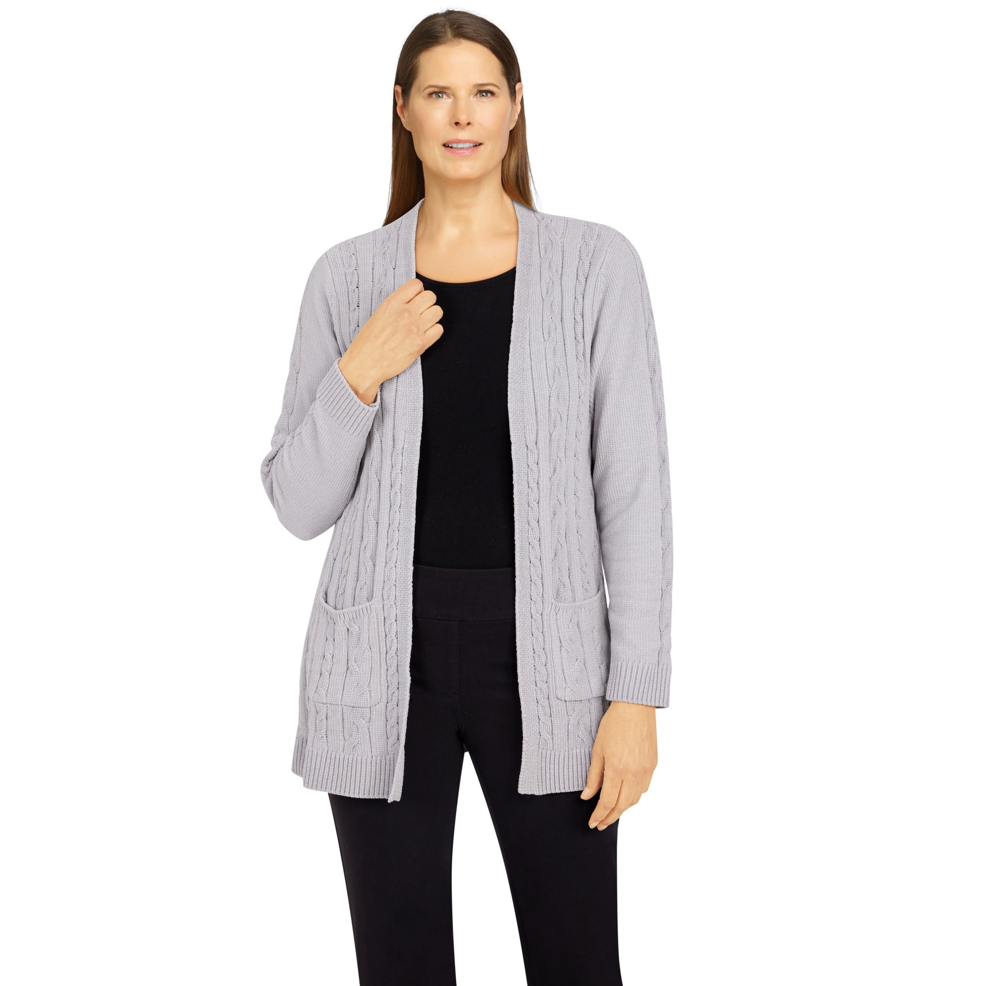 Alfred Dunner Womens Open Front Chenille Cardigan With Pockets