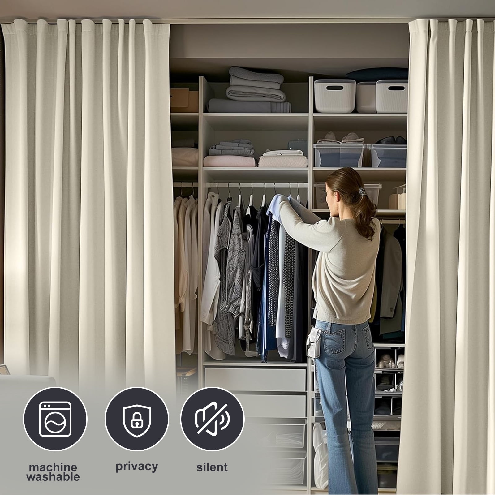 CBSRORO Room Divider Blackout Curtains with Ceiling Mounted Curtain Track Set,1 Panel Beige Divider Curtain and White Flexible Curtain Track for Room Separation