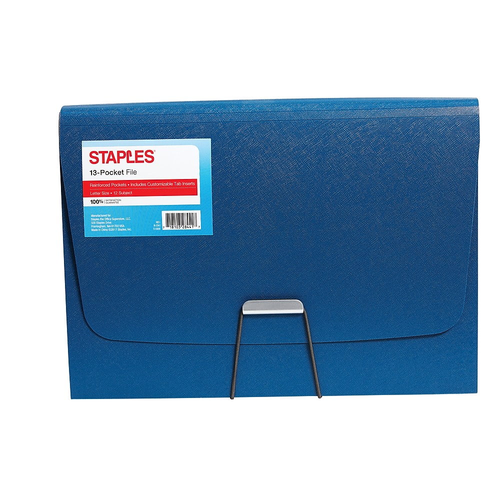 Staples Plastic 13 Pocket Reinforced Expanding Folder Letter Size Blue