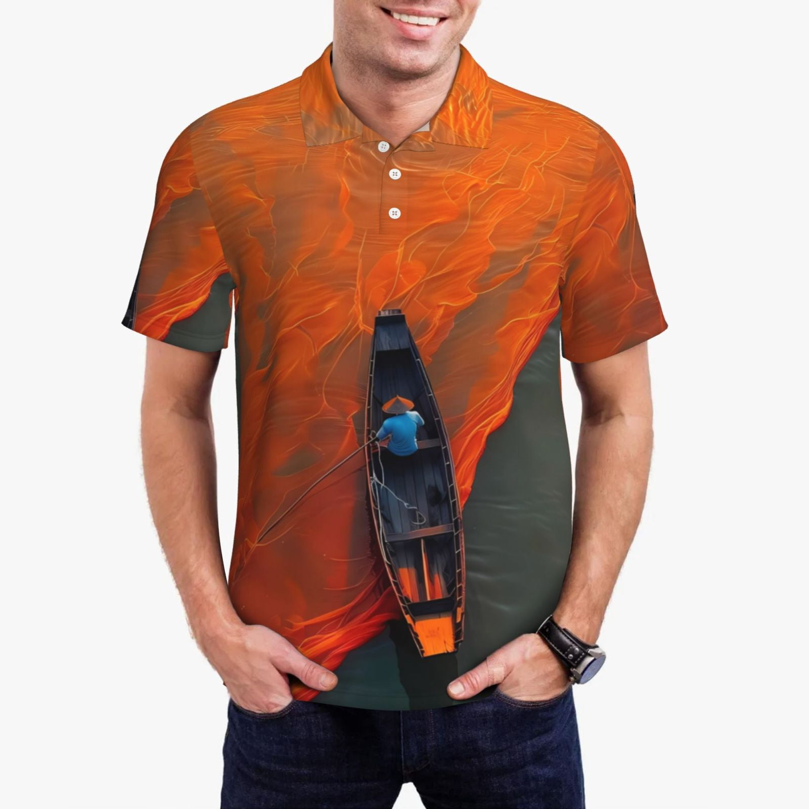 Bingfone Orange Net Fishing Boat for Men's Button-down POLO Shirts, Quick-drying Shirts and T-shirts for Summer, Suitable for Vacation and Business-XX-Large