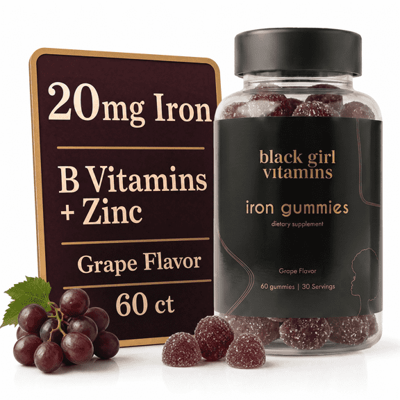 Black Girl Vitamins - Iron Gummies (20 mg), Supports Iron Deficiency & Anemia, Gluten-Free, Gelatin Free, Made in The USA (Grape, 60 Count) 30 Day Supply