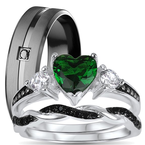 His Hers Wedding Ring Set TRIO 3 PCS Simulated Emerald Bridal Set Silver Black Stainless Steel Women Men