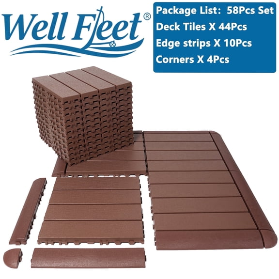 Well Fleet 58 Pcs Interlocking Plastic Deck Tiles , 12"x12" High Quality All-Weather Patio Tiles For Porch, Poolside, Balcony, Backyard Pathway - Durable PP Material, Easy Installation  Low Maintenan