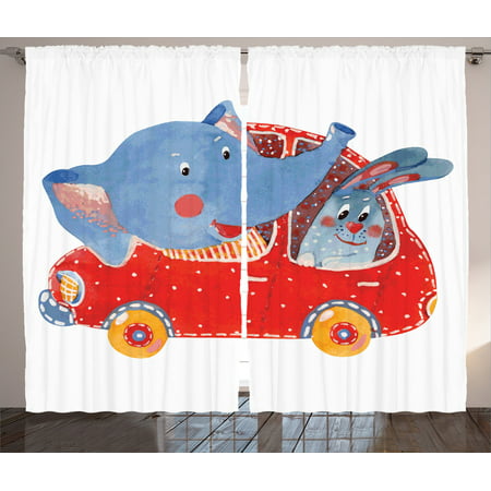 Cartoon Decor Curtains 2 Panels Set, Watercolor Sketch Of Young Blushed Elephant And Hare In Small Car Best Friend Travel, Living Room Bedroom Accessories, By