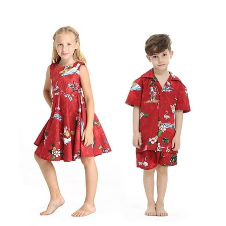 Matching Boy and Girl Siblings Hawaiian Luau Outfits in Santa in Hawaii Red Girl 6 Boy 14