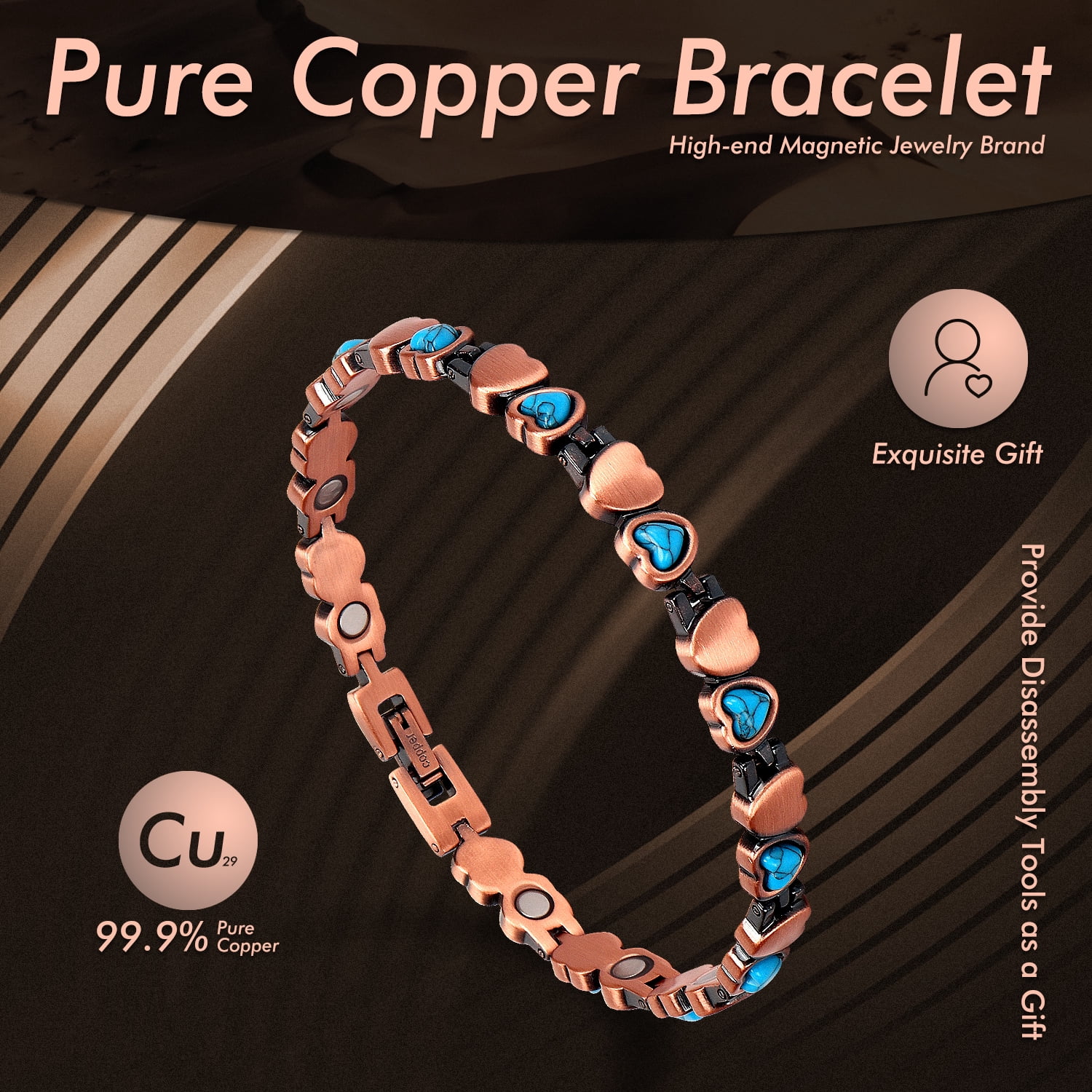 STONE ROCK - Blue Turquoise Copper Bracelets for Women or Men - 99.99% Solid Pure Copper Magnetic Bracelets Adjustable