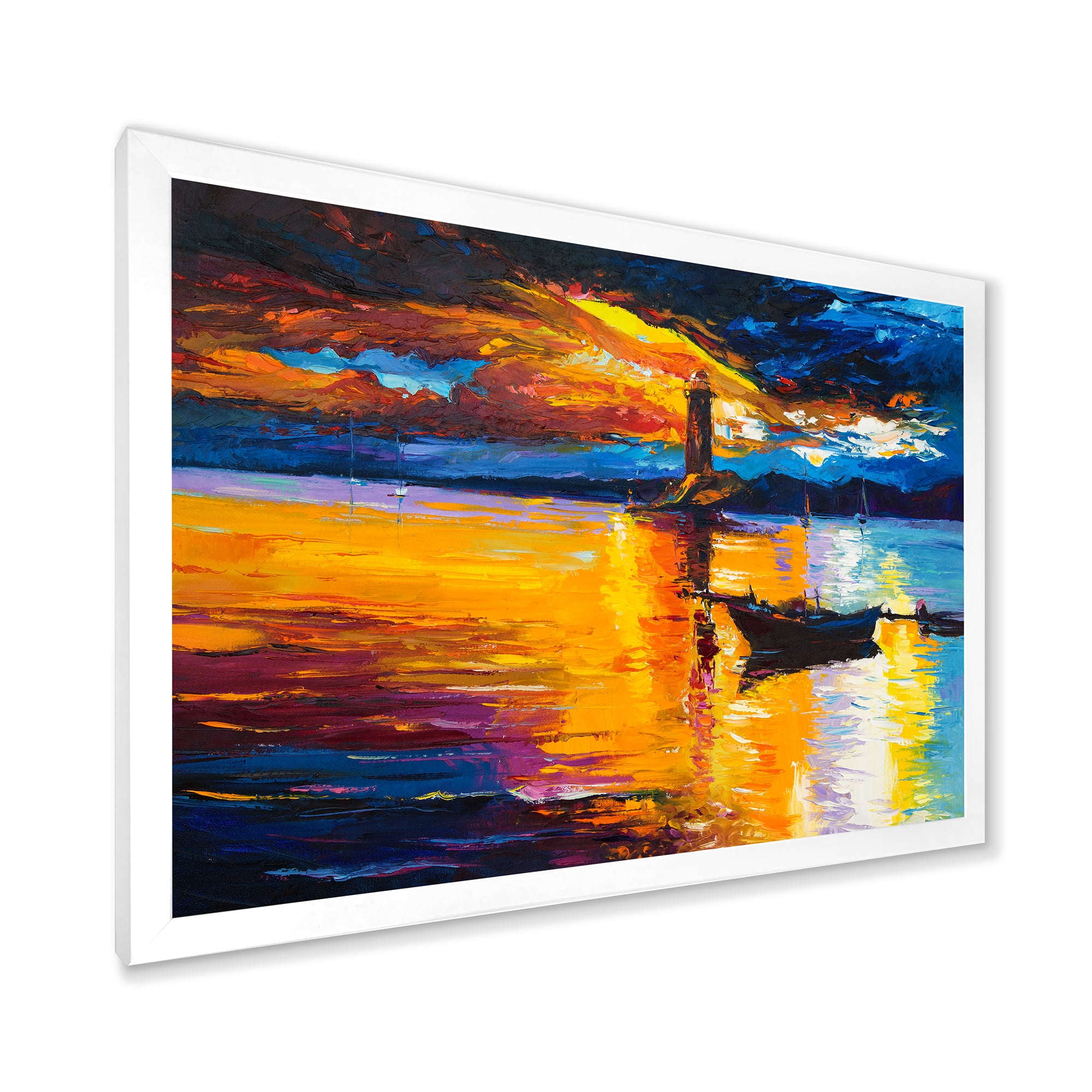Little Boat By Lighthouse During Evening Glow 32 in x 16 in Framed Painting Canvas Art Print, by Designart