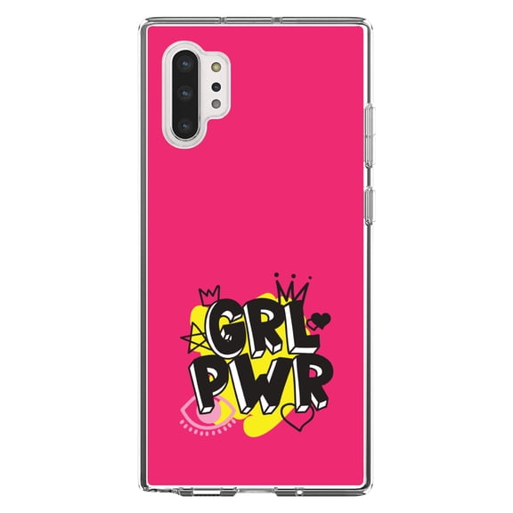 DistinctInk Clear Shockproof Hybrid Case for Galaxy Note 10 PLUS (6.8" Screen) - TPU Bumper, Acrylic Back, Tempered Glass Screen Protector - Girl Power - GRL PWR - Pink Yellow Black