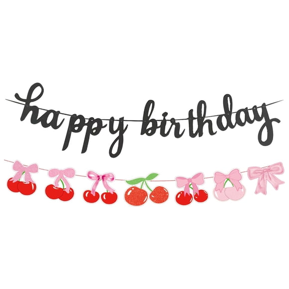 Banner PLAP para decoración de fiesta con frutas de cereza y feliz cumpleaños