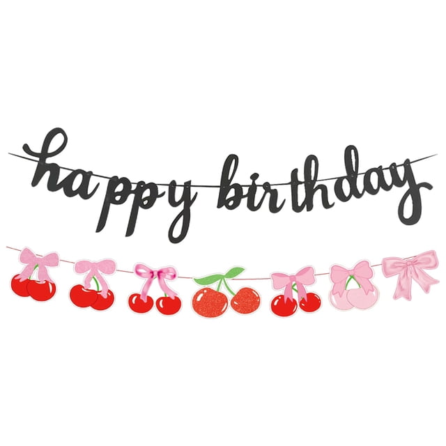 Banner PLAP para decoración de fiesta con frutas de cereza y feliz cumpleaños