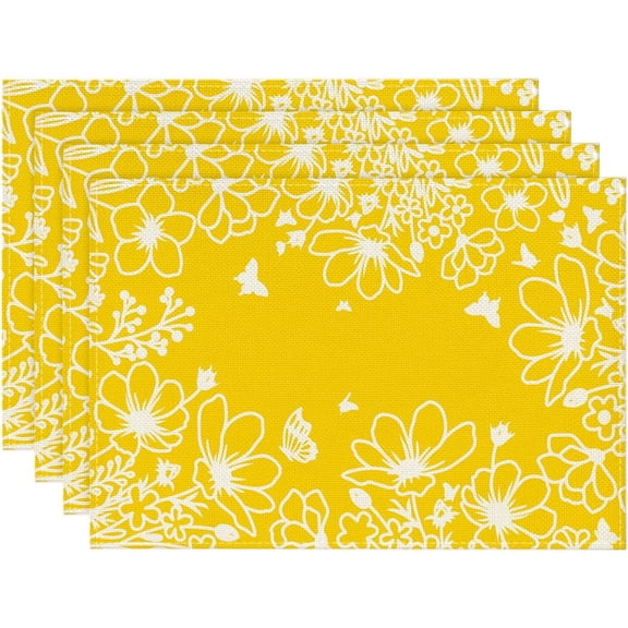 Yellow Bloom Flowers Floral Spring Placemats Set of 4, 12x18 Inch Seasonal Summer Table Mats for Party Kitchen Dining Decoration