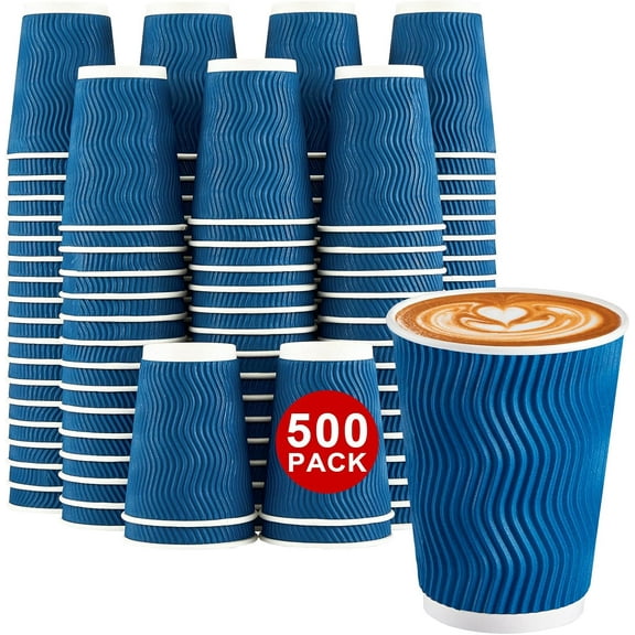 500-Count 12 oz Insulated Paper Coffee Cups Bulk, Disposable Corrugated Cups 12oz, Kraft Ripple Wall Design for Hot Beverage or Cold Drink Office Home Party Travel Cafe (Navy)