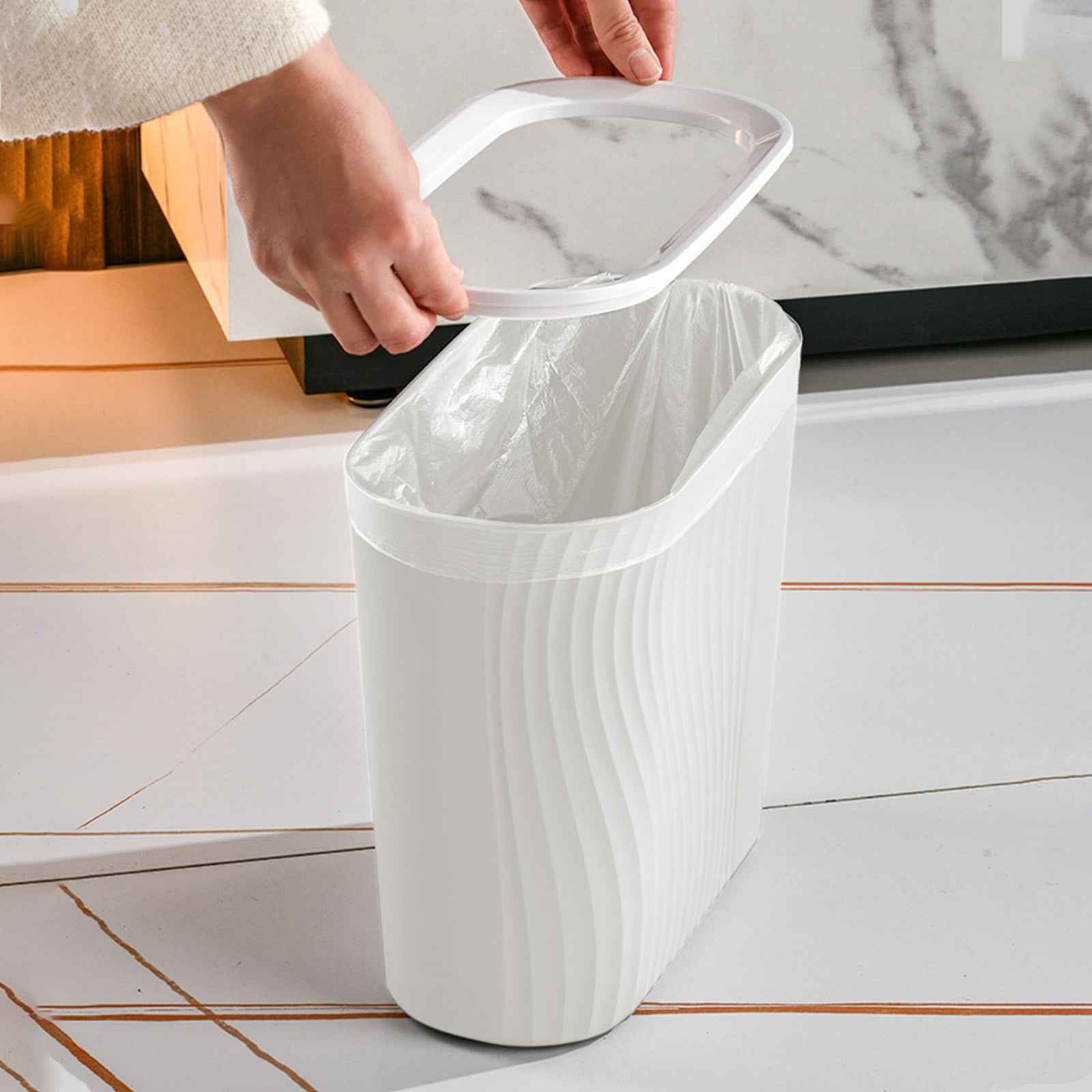 Cagogo Wastebasket, Plastic Trash Can, Striped Seamless Design for Home Kitchen Bathroom, Blue Gray White Small Garbage Bin for Office Garage Dorm