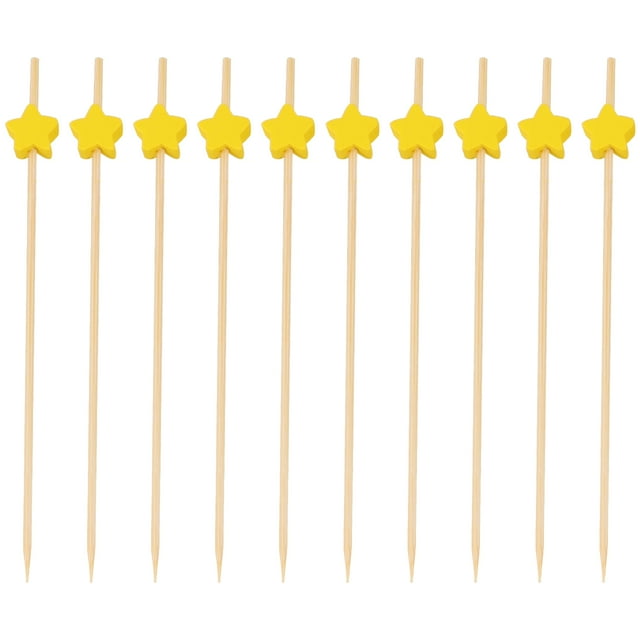 100 palillos desechables con diseño de estrella para frutas, cócteles, bebidas, suministros para fiestas, tenedores de bambú (amarillos)