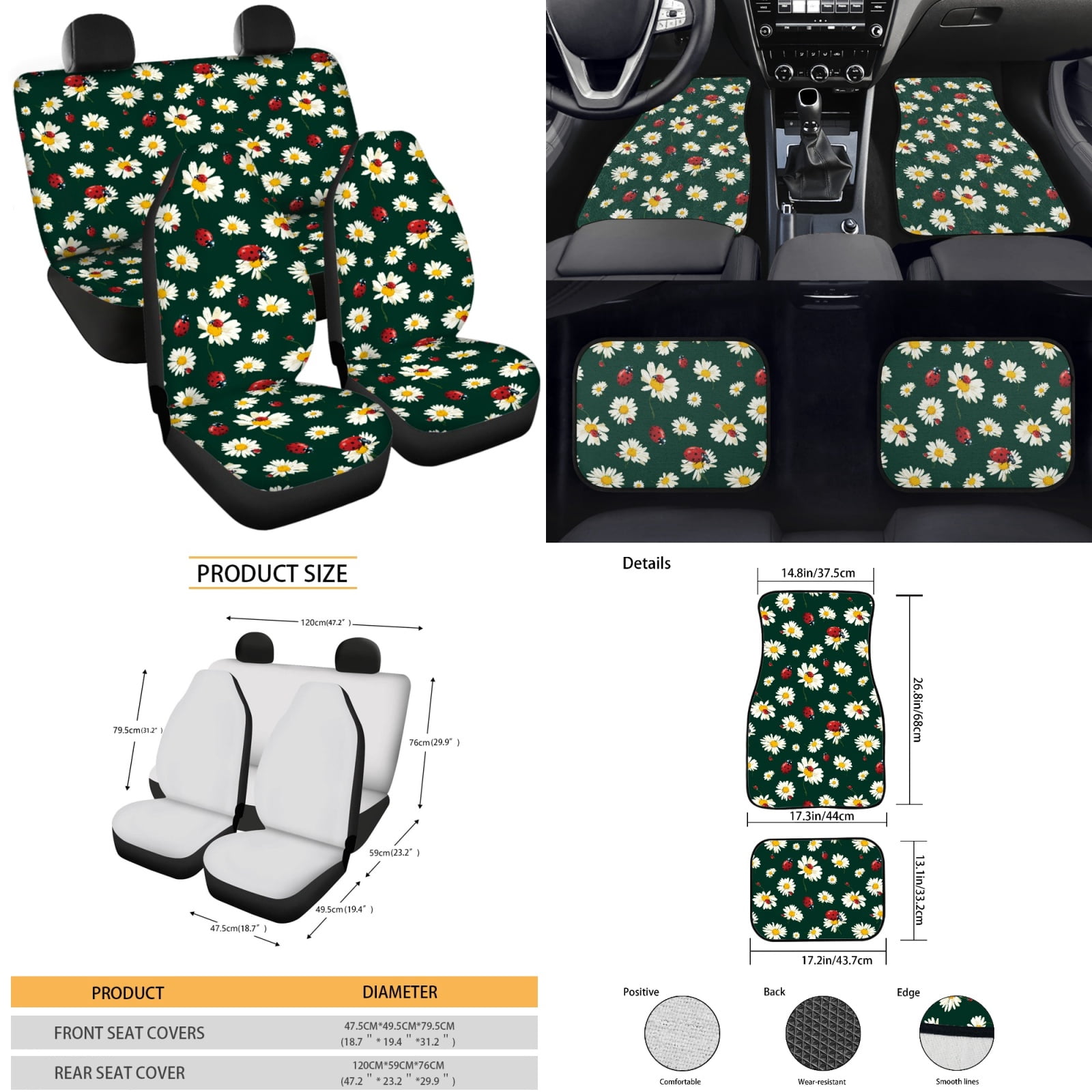 Yuyamidu Daisy Car Seat Cover Set of 15 Ladybug Car Carpet Mats Steering Wheel Cover Seatbelt Cushion Pad Gear Shift Knob Cover Set Cup Holder, Green
