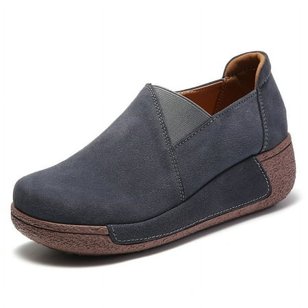 KLHGR Women Mother Female Genuine Leather Shoes Platform Flats Loafers Slip On Korean Plus Size 41 42 Vulcanized Shoes (dark grey 35)