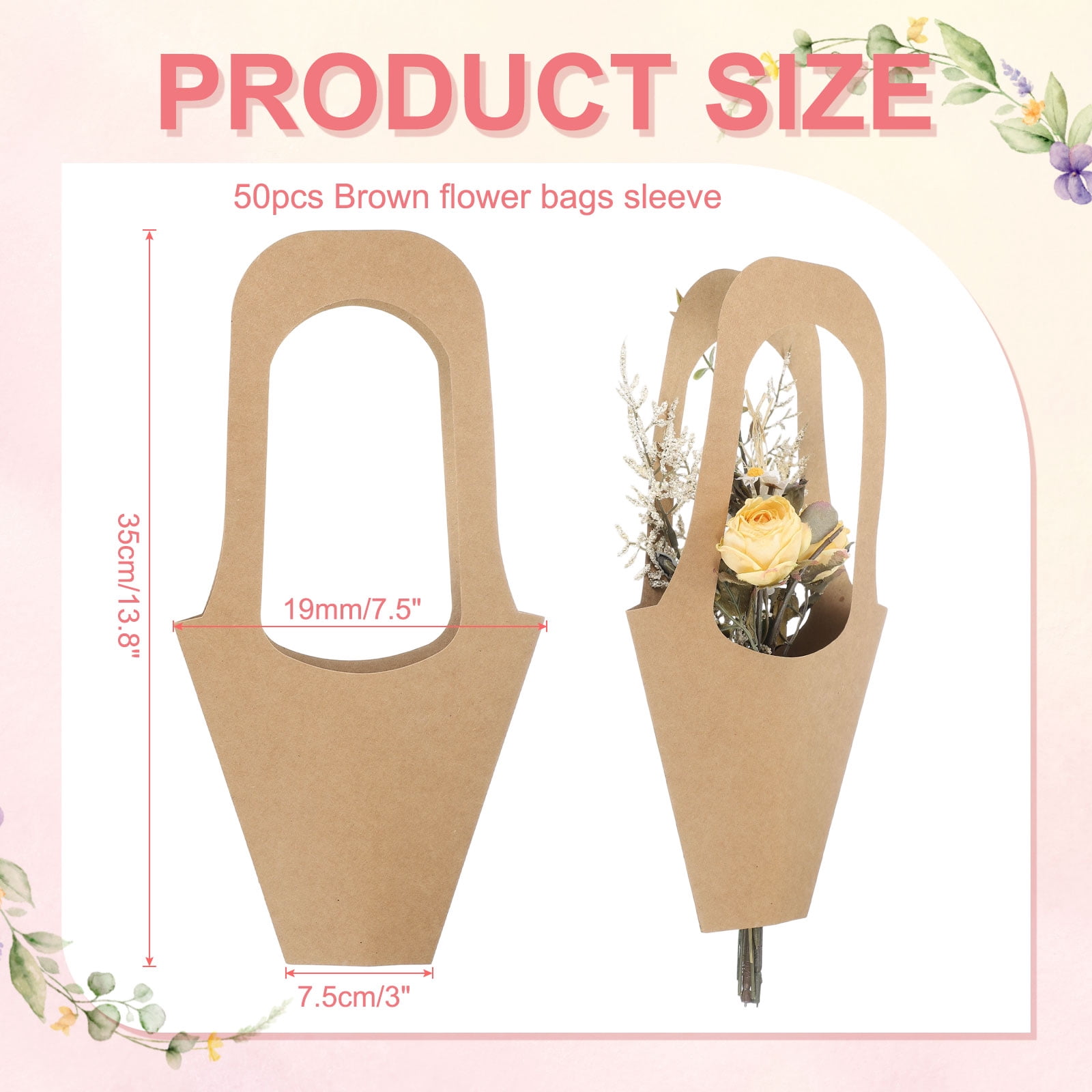 Uxcell Flower Wrapping Bag with Handle, Kraft Paper 50 Pack, Brown, 13.8x7.5x3"