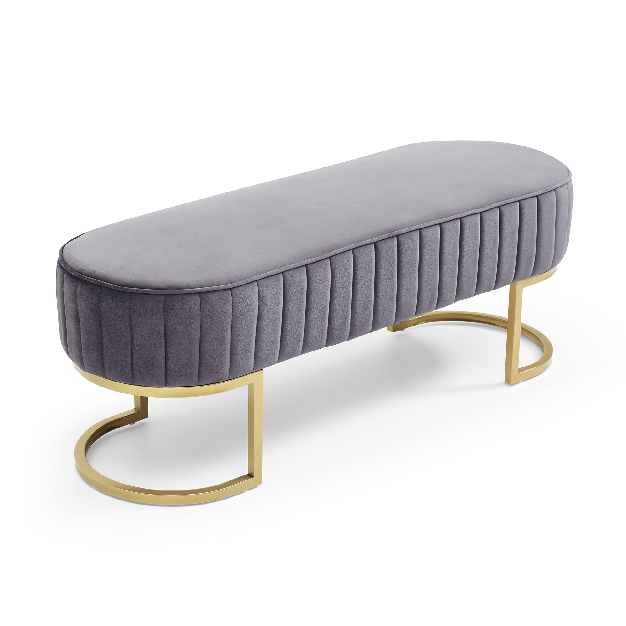 Miniyam Bench Bedroom Bench,Velvet Oval Upholstered End of Bed Bench with Golden Metal Legs,Gray