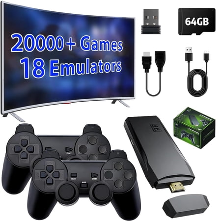 Wireless Retro Game Console, Plug & Play Video TV Game Stick with 20000+ Games Built-in, 32G/64G/128G,9 Emulators 4K HDMI Nostalgia Stick Game for TV, Dual 2.4G Wireless Controllers
