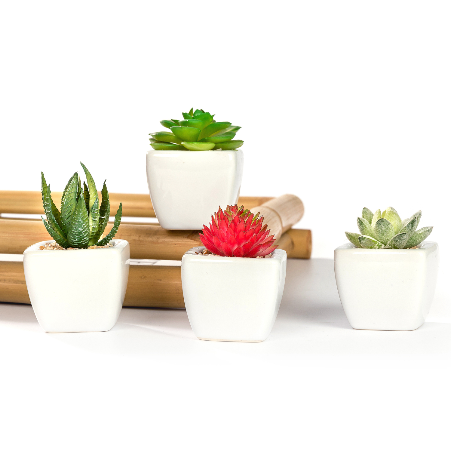 K-Cliffs Set of 4 Mini Faux Succulents in White Squared Ceramic Pots,  4,  2 L x 2 W x 2 H inches, 2lbs
