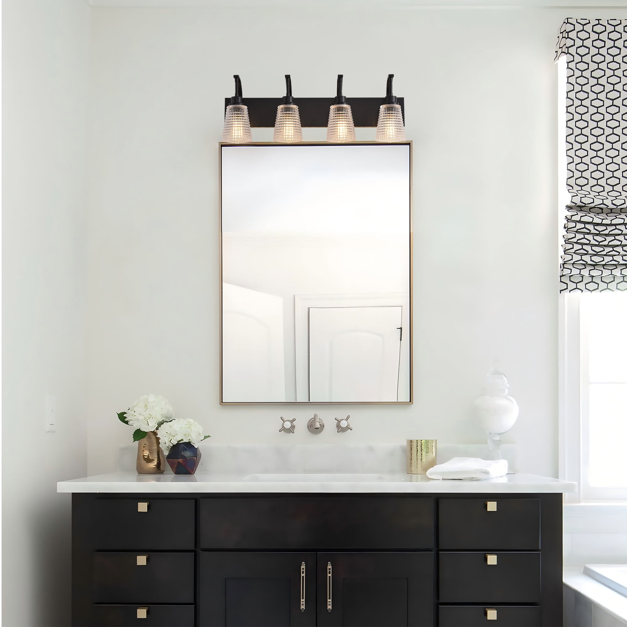 4-Light Matte Black Vanity Light, Modern Farmhouse Bathroom Light Fixture with Clear Rippled Glass Shades for Mirror, 28.74 Inch