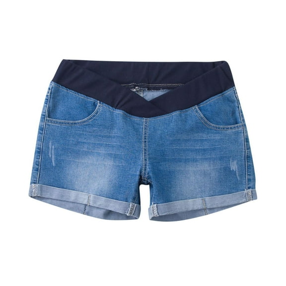 BRGZLK Women's Maternity Jean Shorts Summer Fashion Casual High-Waist Elastic Waist Maternity Belly Support Stretch Denim Shorts with Pockets Light Blue XXL