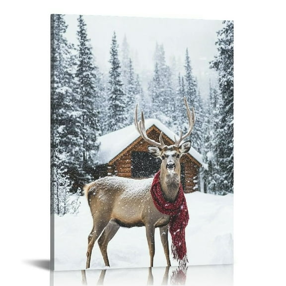 ONETECH Christmas Canvas Wall Art,Christmas Wall Art Christmas Wall Decor with Deer in Winter Snowy Forest, Reindeer Christmas Decor for Wall Decor as Christmas Gift 12x16 in