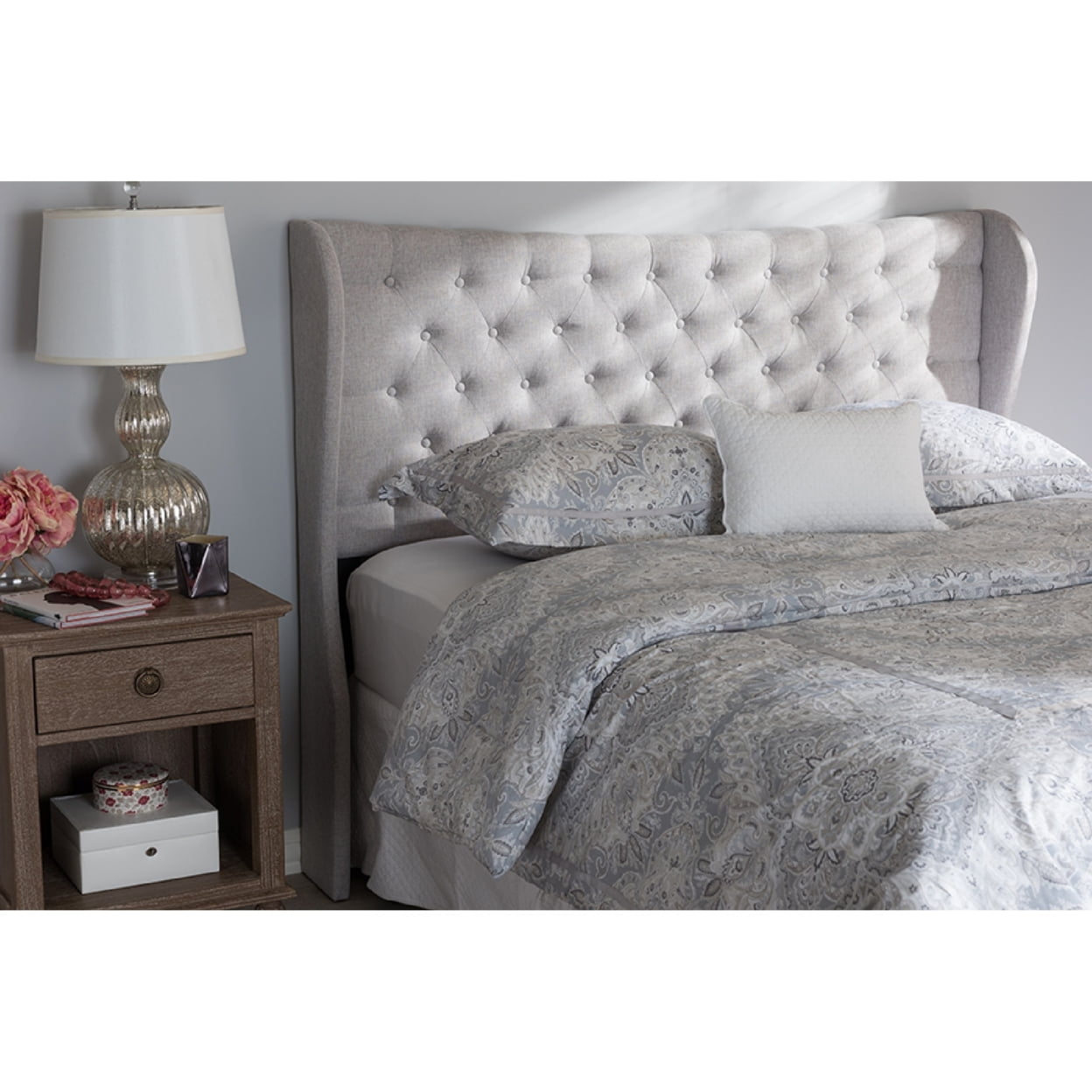 Baxton Studio Cadence Modern and Contemporary Greyish Beige Fabric Button-Tufted Queen Size Winged Headboard,Wholesale