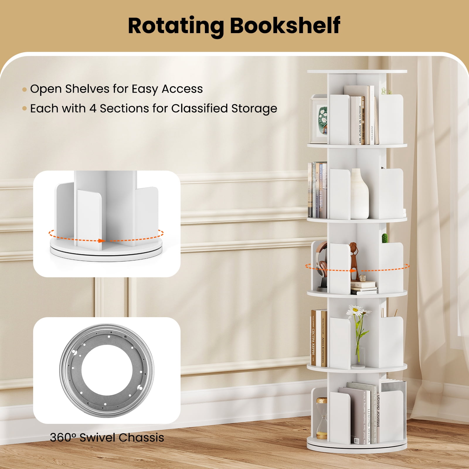 Costway 2 PCS 5-Tier Rotating Bookshelf 360° Display Rack Dividers & Anti-falling Baffles White