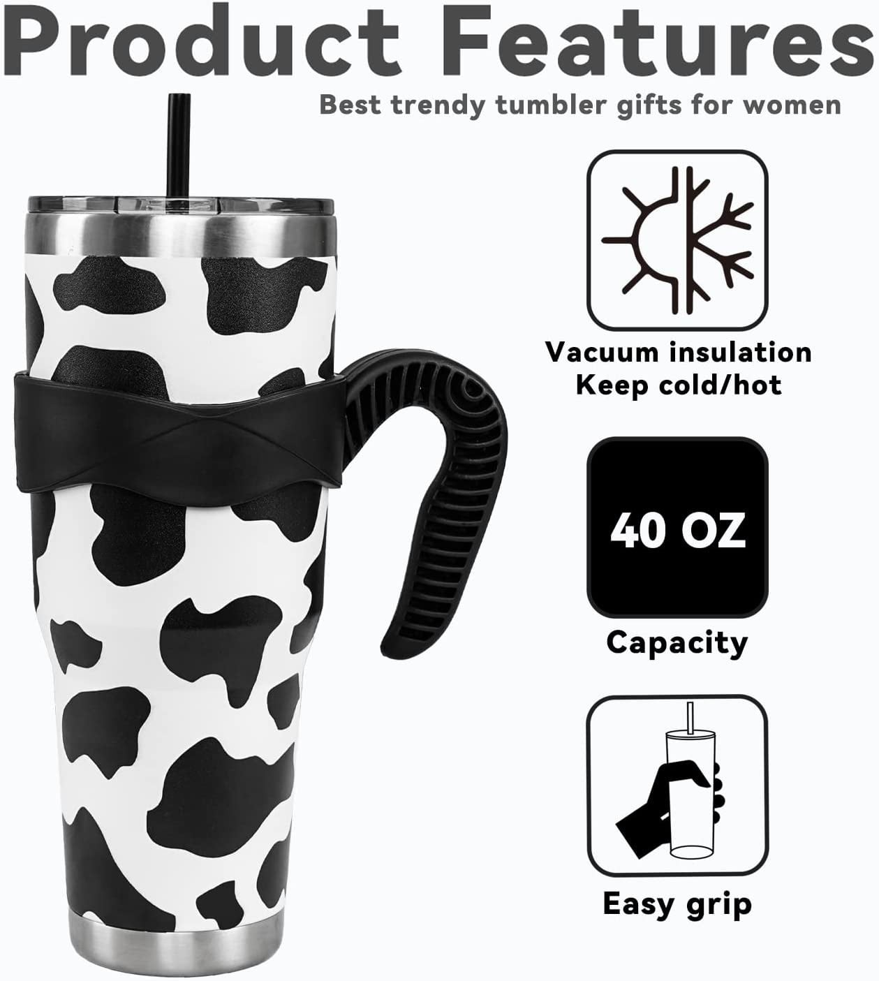 Heqianco 40 oz Tumbler with Handle and Straw Cow Tumbler Brown Cow Gifts for Women 40 oz Cup Leak Proof Cow Print Stuff Insulated Stainless Steel