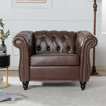 Modern Single Sofa, Dark Brown, PU Leather Upholstered Small Couch with Sturdy Wood Frame for Small Spaces, Living Room,Bedroom