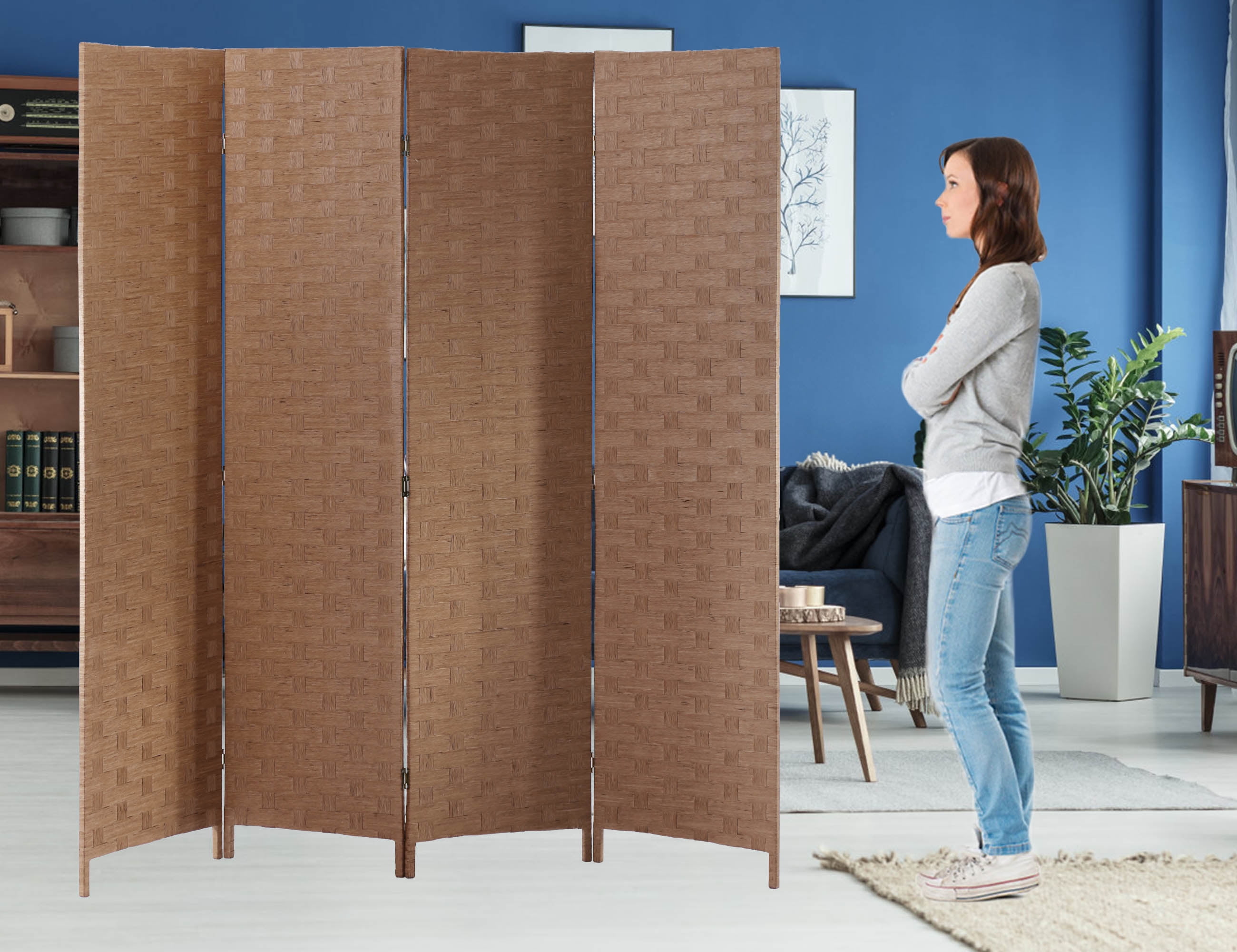 YRLLENSDAN Partition Room Dividers with 4 Panels, Wood Folding Privacy Screen for Room Portable Room Divider Screen Freestanding Decorative Privacy Dressing Screen for Bedroom, Living Room, Office